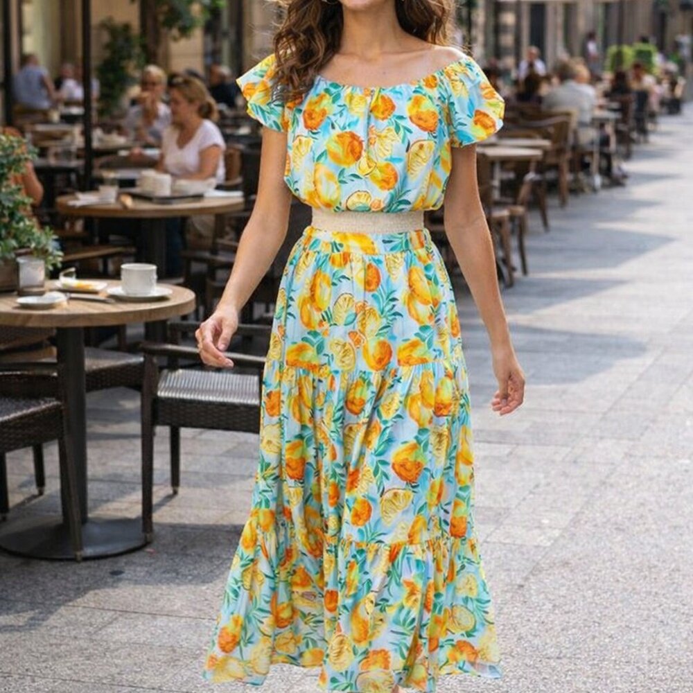 Lumiere Top And Skirt - Vibrant Blue and Orange Frutal M